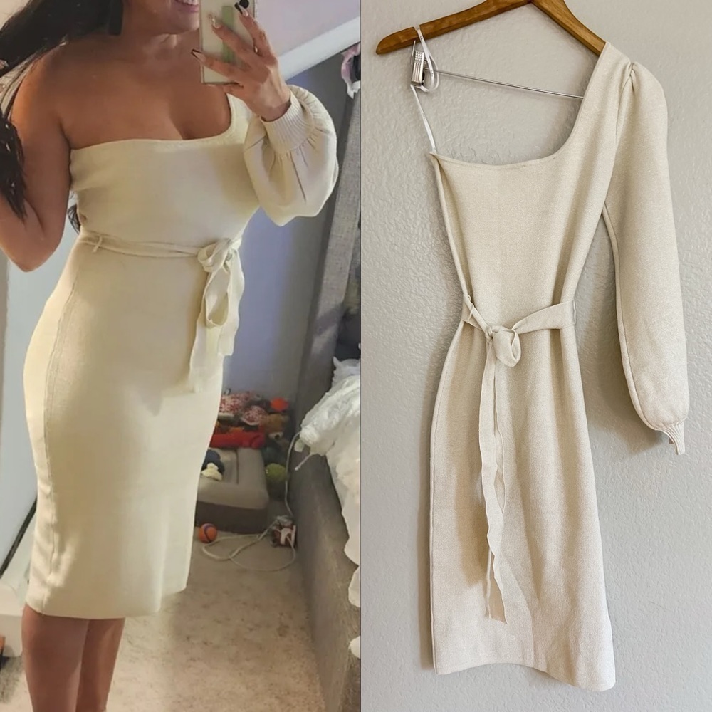 NWOT Cozy Glam Ivory Metallic One-Shoulder Sweater Dress